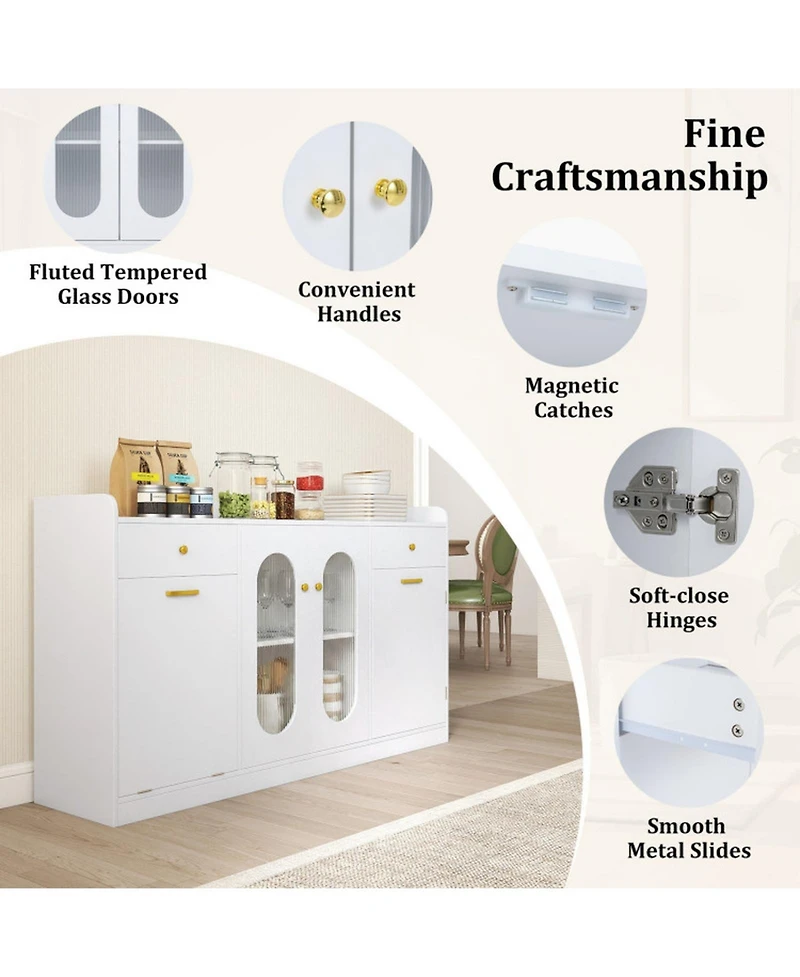 Sugift 55 Inch Buffet Cabinet with Hidden Tilt-Out Trash Can and 2 Glass Doors