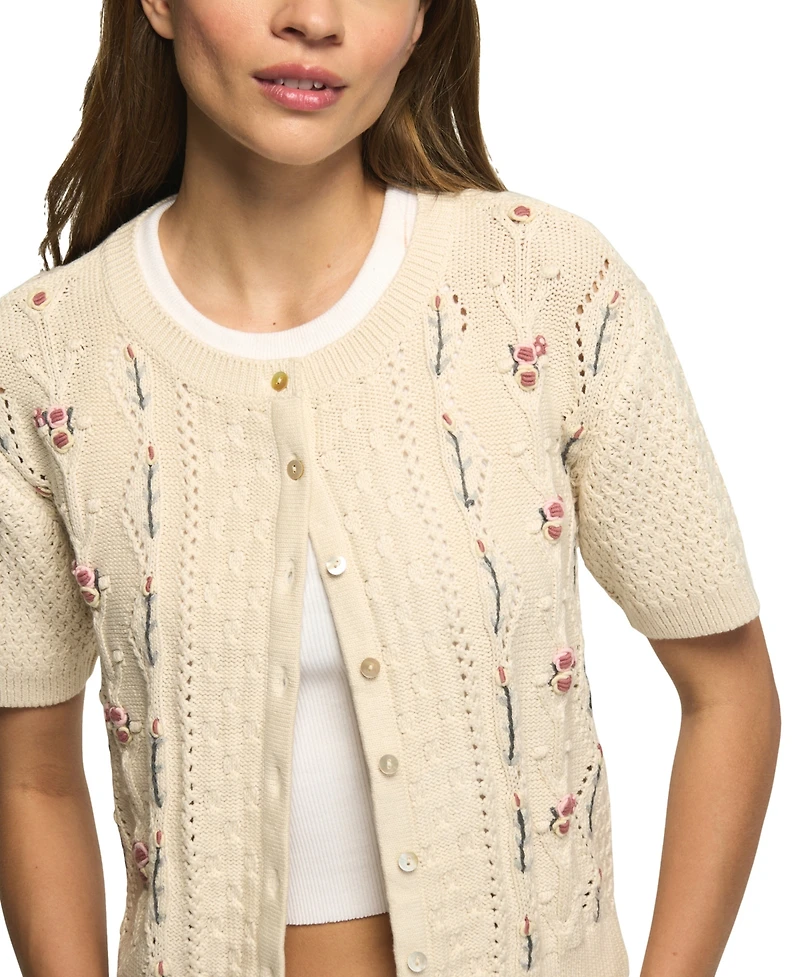 Lucky Brand Women's Rosette Button Up Short-Sleeve Cable-Knit Crop Cardigan