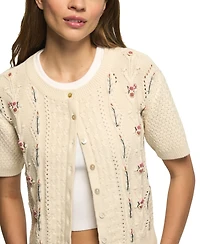 Lucky Brand Women's Rosette Button Up Short-Sleeve Cable-Knit Crop Cardigan