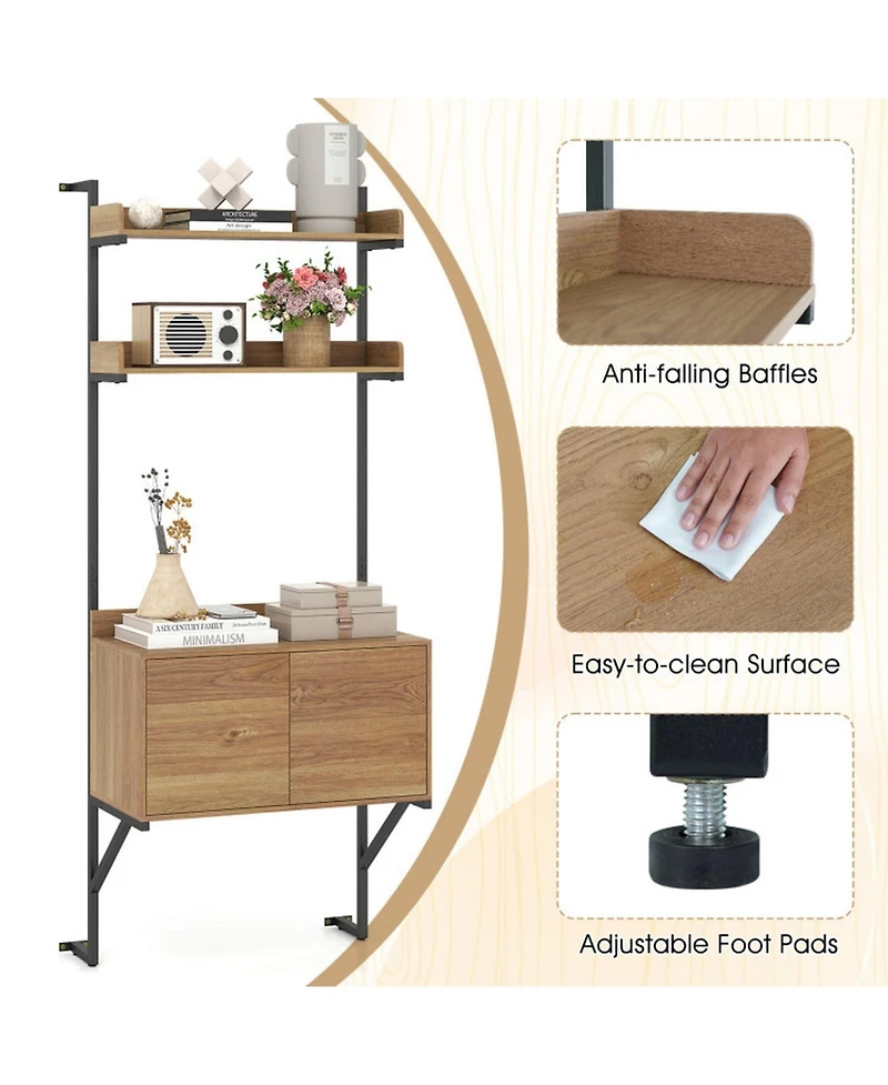 Sugift Tall Wall Mounted Ladder Bookcase with Storage Cabinet 2 Open Shelves Narrow Ladder Shelf