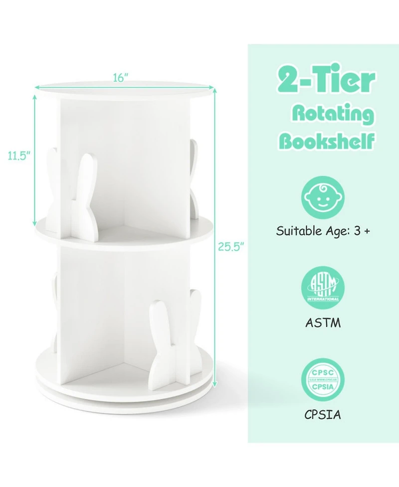 Sugift 2-Tier Freestanding Kids Rotating Bookshelf Storage Rack with Bunny Baffles