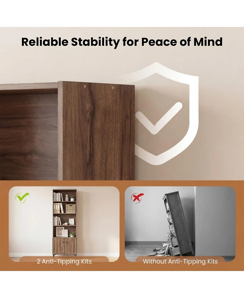 Sugift Bookshelf With Doors and 2 Anti-Tipping Kits for Home Office