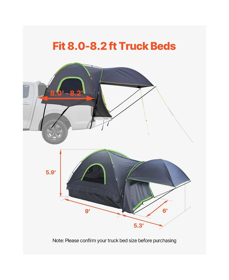 Hongge 8.0 to 8.2 feet Pickup Truck Bed Tent with Extendable Awning