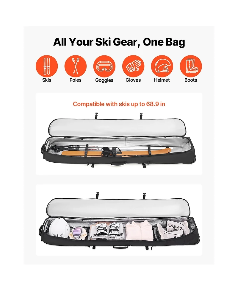 Hongge Padded Snowboard Roller Bag Fits Skis up to 68.9 in
