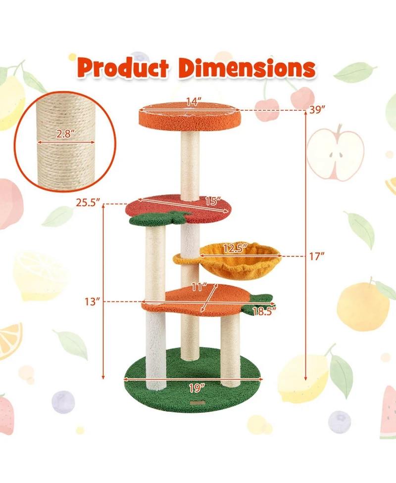 Sugift Multi-Level Cat Tree Pet Activity Center with Fruit-Shaped Platforms and Sisal Scratching Posts