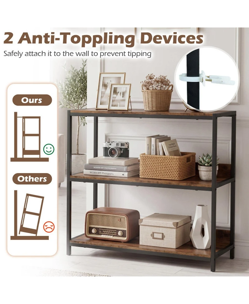 Sugift 3-Tier Industrial Bookshelf with Wooden Shelves and Metal Frame