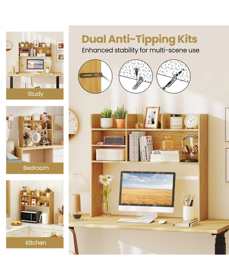 Sugift Desktop Bookshelf Storage Hutch With 6 Shelves and Adjustable Shelf