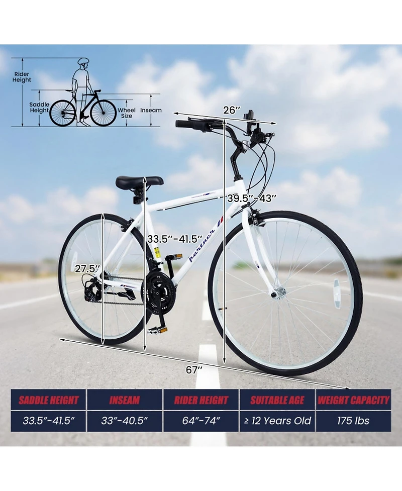 Hongge 700C Aluminum Hybrid Bike with 18-Speed Shimano Drivetrain