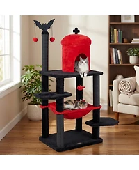 Sugift 60in Gothic Cat Tower with Plush Perch and Spider Hanging Toys for Halloween