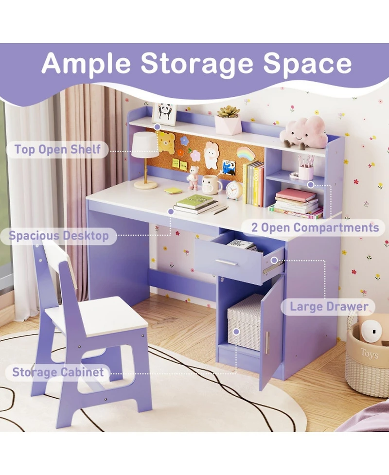 Sugift Kids Study Desk and Chair Set Student Table with Storage and Bulletin Board