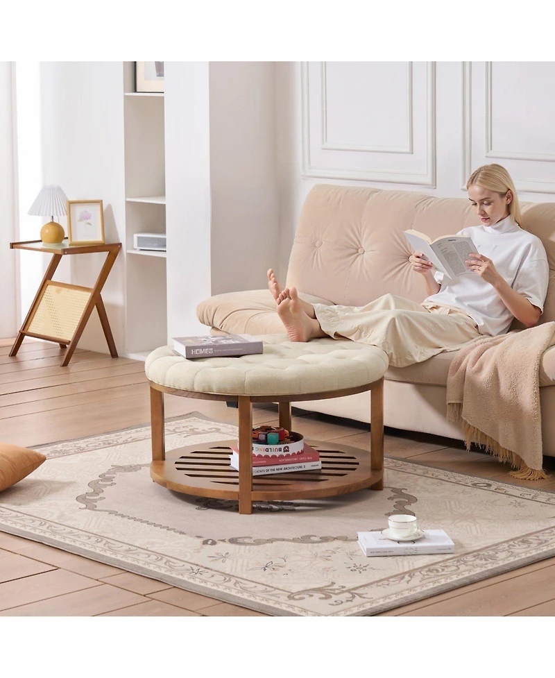 Slickblue Round Tufted Ottoman Coffee Table with Wooden Shelf, Linen Upholstered Accent Table