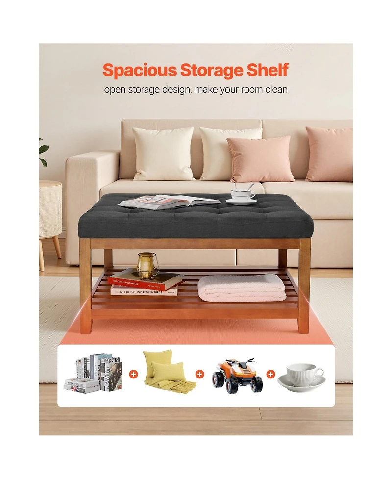 Slickblue Square Linen Upholstered Ottoman Coffee Table with Open Wood Shelf for Living Room