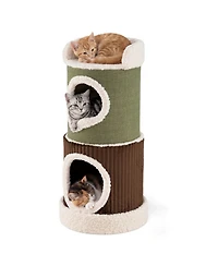 Sugift 3-Level Barrel Cat House with Top Perch Double Condos and Stable Base