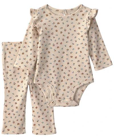 Carter's Baby Girls' Floral Print Ribbed Long-Sleeve Bodysuit and Pants, 2-Piece Set