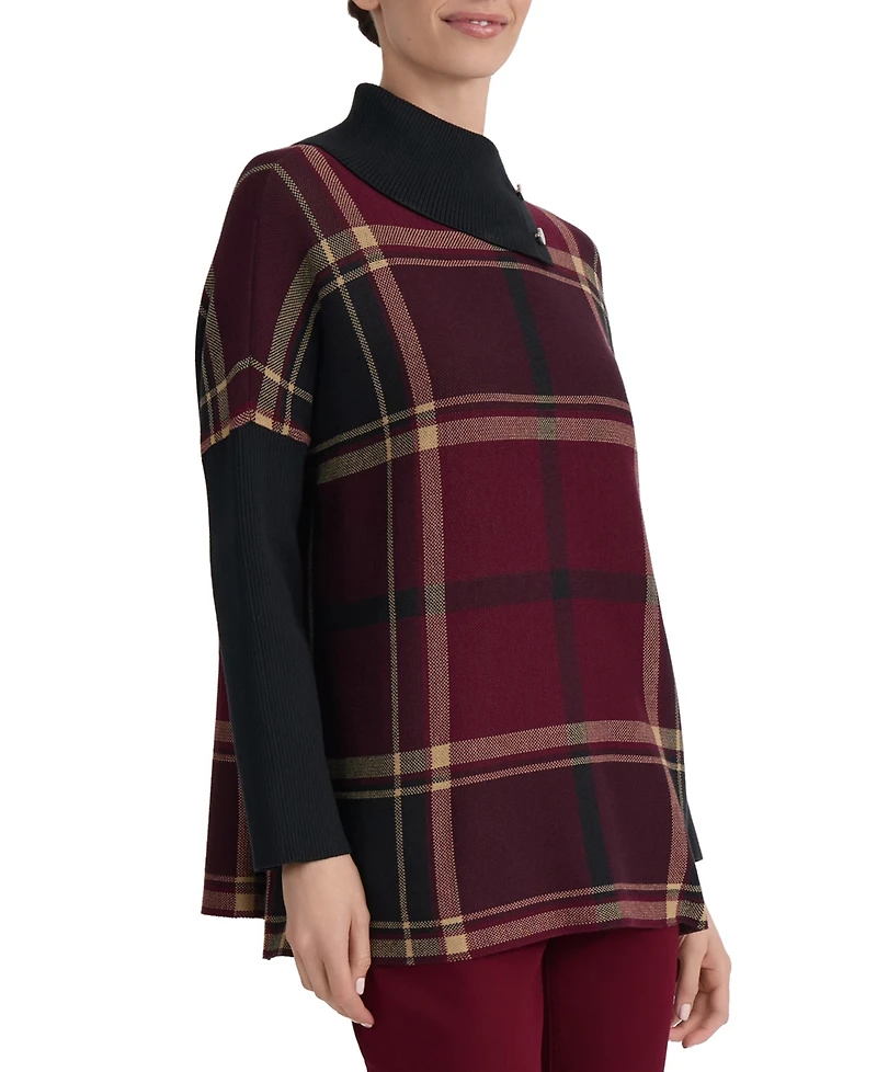 Jones New York Women's Plaid Split-Neck Poncho Sweater