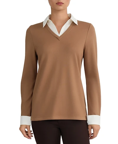 Jones New York Women's Collared Long-Sleeve Poplin Combo Trim Sweater