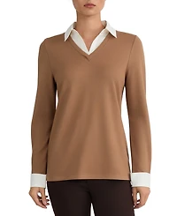 Jones New York Women's Collared Long-Sleeve Poplin Combo Trim Sweater