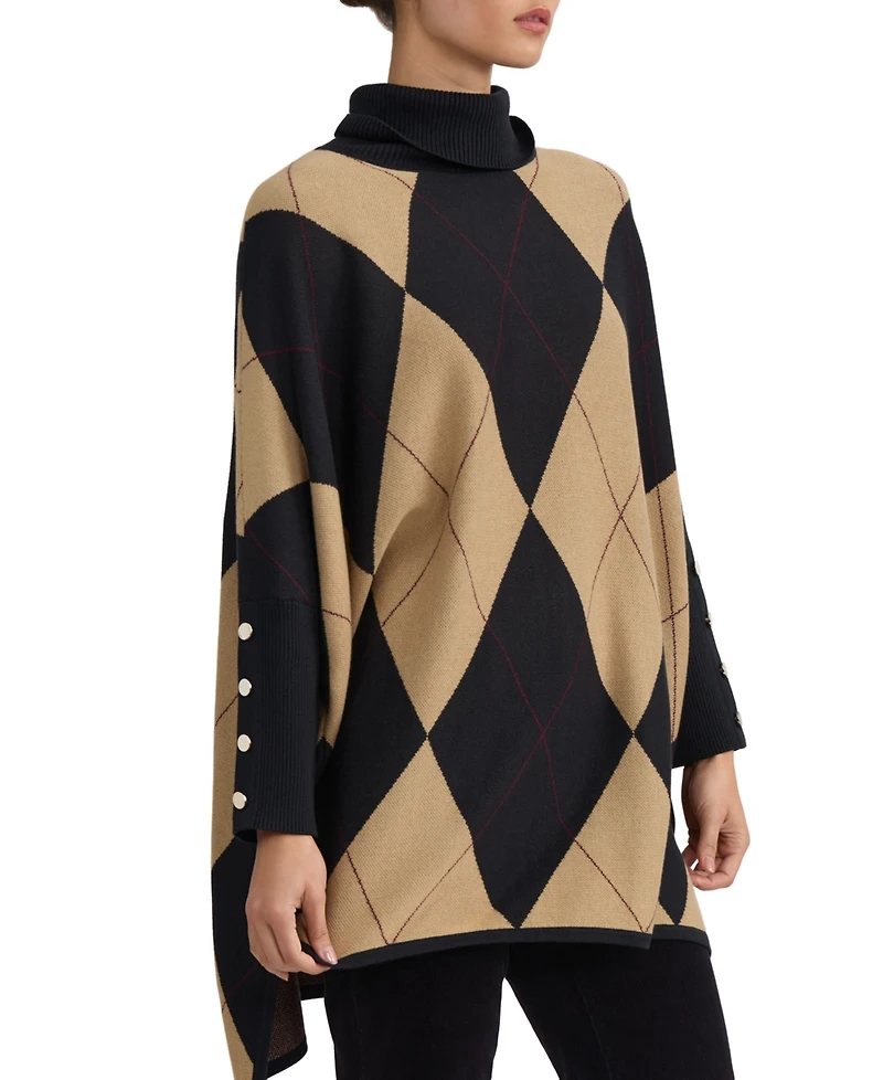 Jones New York Women's Argyle Turtleneck Poncho Pull-On Sweater