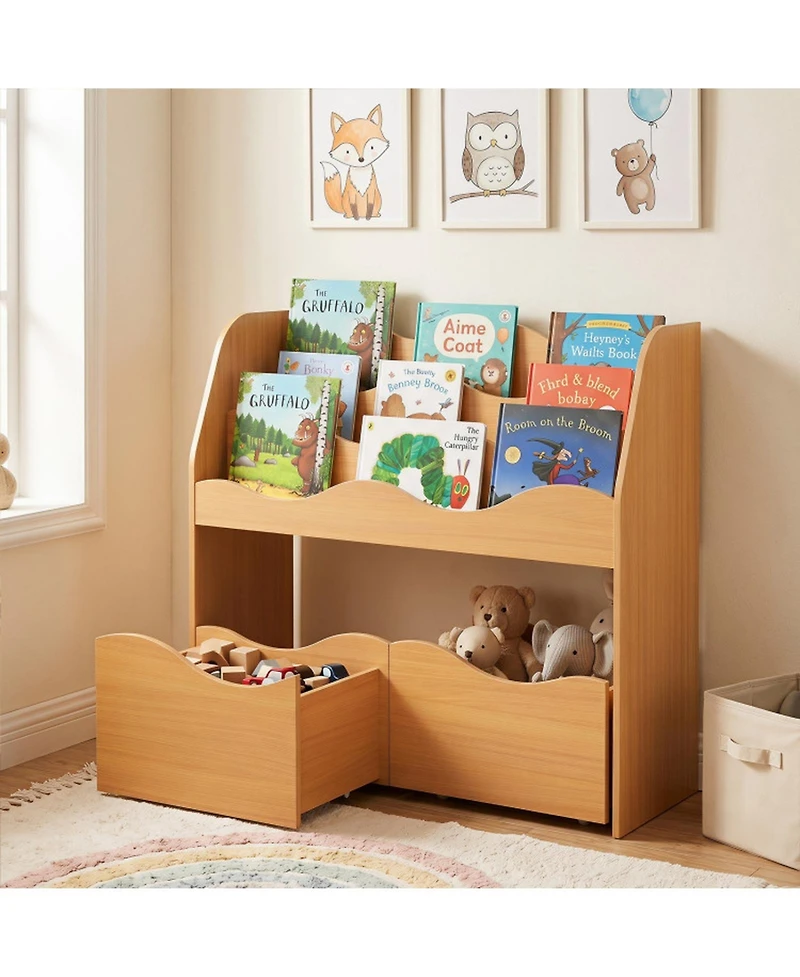 Sugift Kids Wooden Storage Organizer with 3-Tier Bookshelf and 2 Rolling Drawers for Kids Room