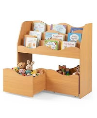Sugift Kids Wooden Storage Organizer with 3-Tier Bookshelf and 2 Rolling Drawers for Kids Room