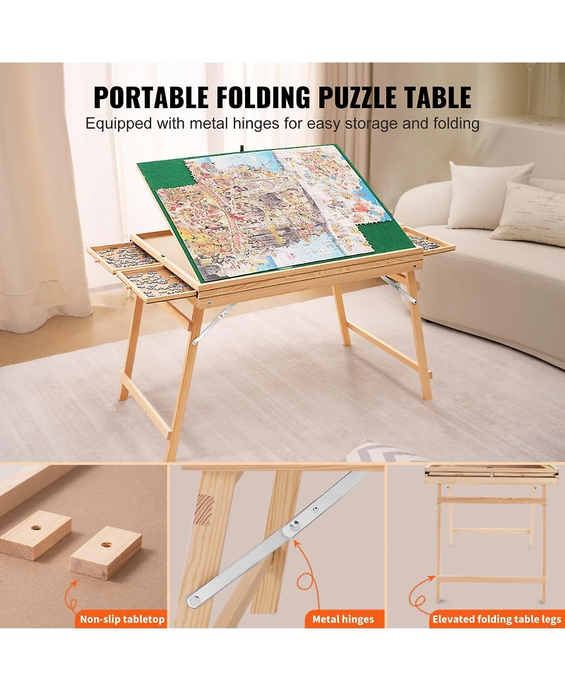 Sevorley 1500-Piece Wooden Puzzle Table with Folding Legs, 4 Drawers and Cover