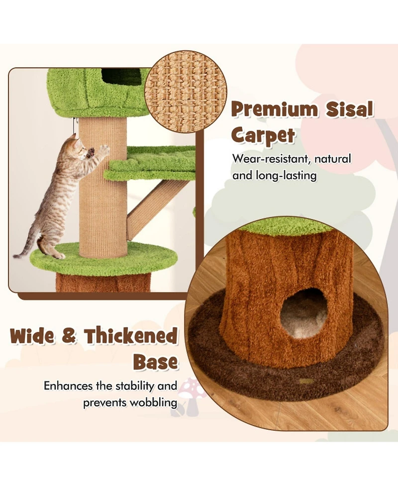 Sugift Mushroom Cat Tree for Indoor Cats with 2 Condos Plush Perch and Teasing Balls