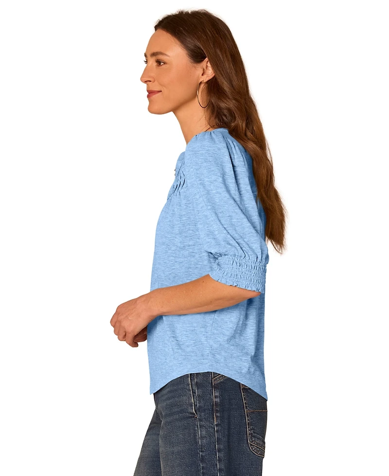 Democracy Petite Blouson-Sleeve Mandarin Collar Knit Top