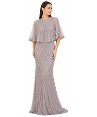 Lara Women's Cape-Sleeve V-Neck Beaded Gown