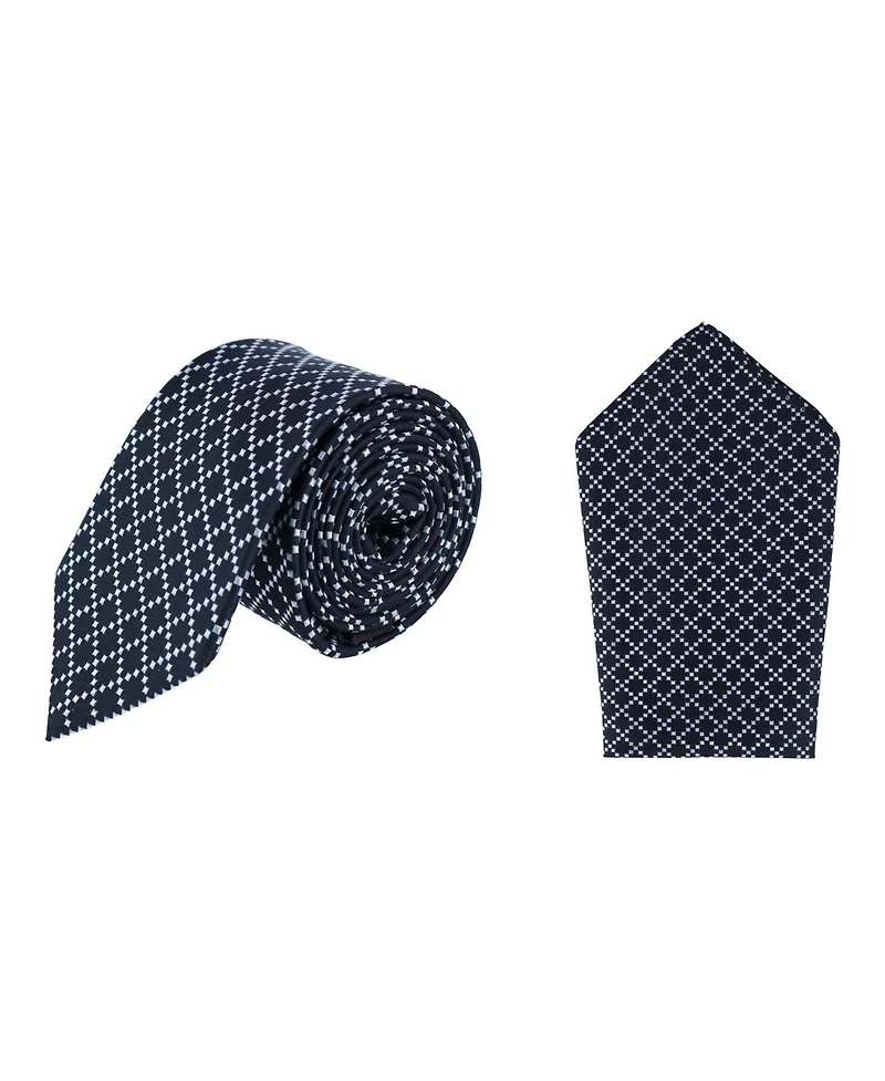 Trafalgar Men's Rowan Geometric Pattern Silk Necktie and Pocket Square Bundle