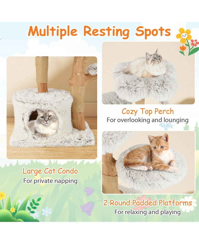 Sugift 53 in Modern Wooden Cat Tree Tower with Natural Branch Jute Scratching Posts and Condo
