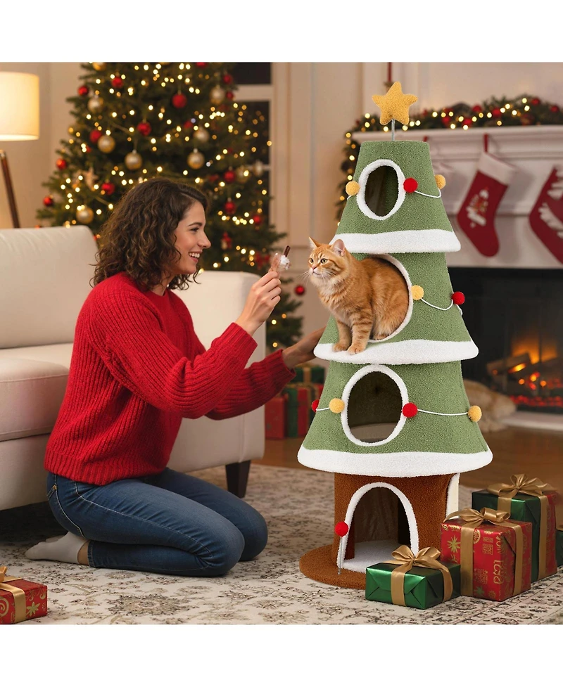 Sugift 61 Inch Christmas Cat Tree with 4 Condos for Indoor Cats Cute Cat Tower