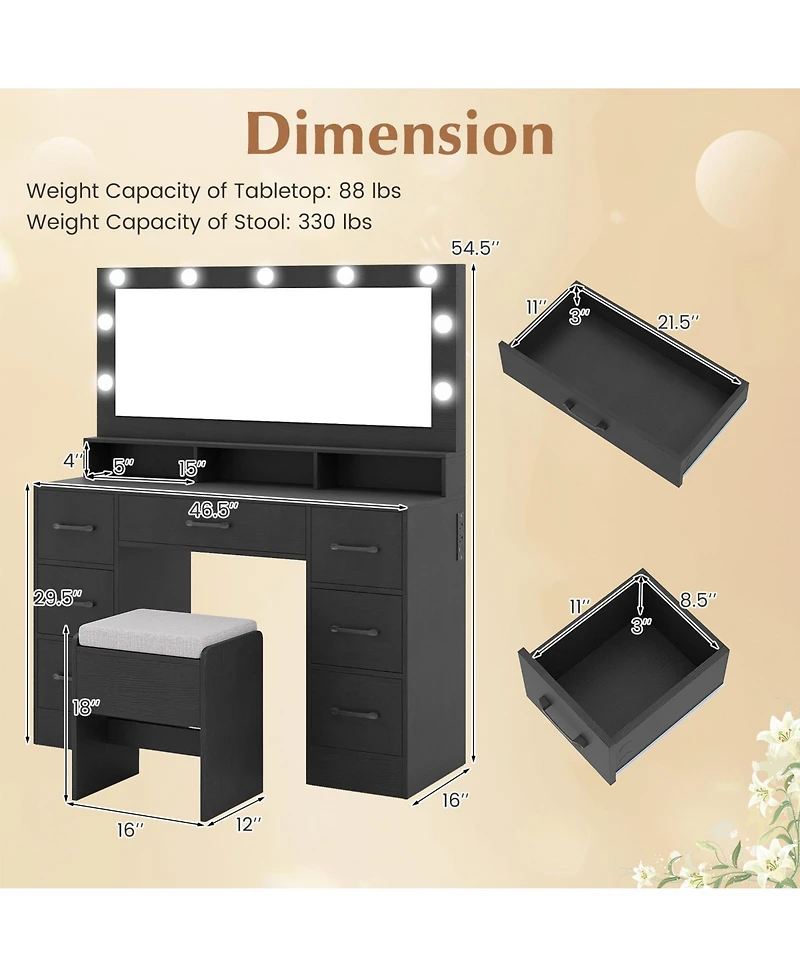 Sugift Vanity Desk With Mirror and Lights Makeup Table With Power Outlets