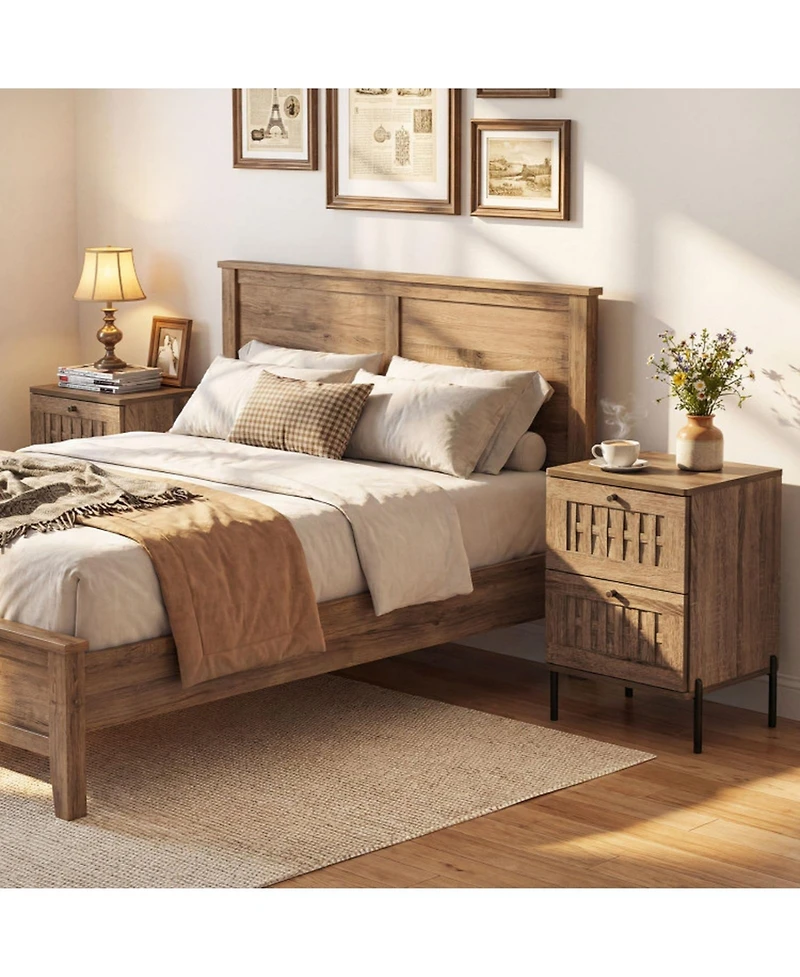 Sugift Mid-Century Modern 2-Drawer Nightstand End Table with Woven Storage