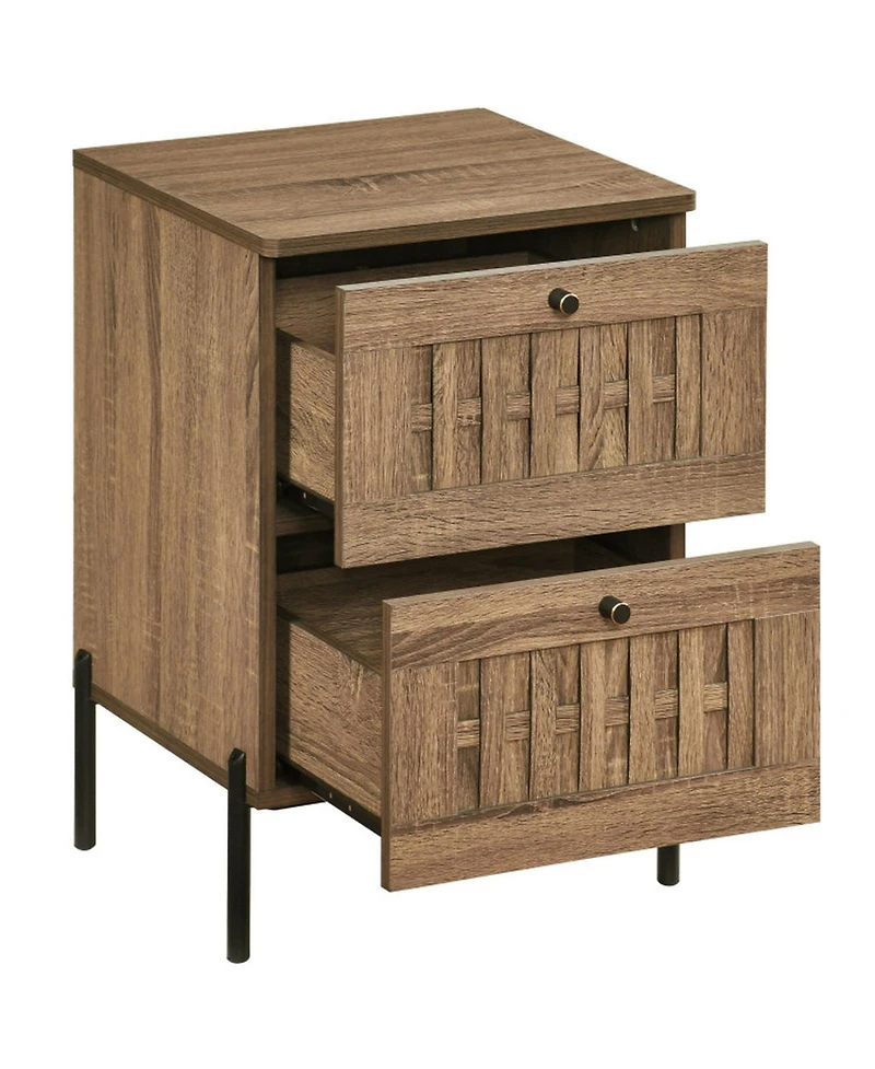 Sugift Mid-Century Modern 2-Drawer Nightstand End Table with Woven Storage