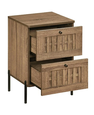 Sugift Mid-Century Modern 2-Drawer Nightstand End Table with Woven Storage