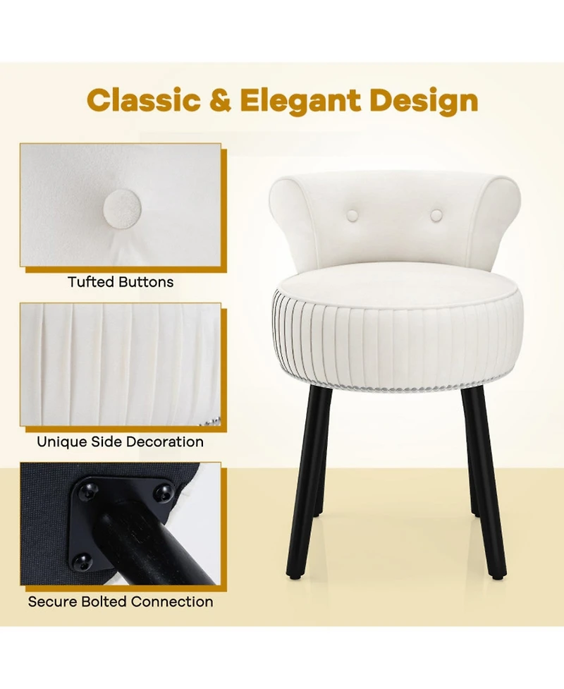 Sugift Velvet Vanity Chair Upholstered Stool with Tufted Low Back and Solid Wood Legs