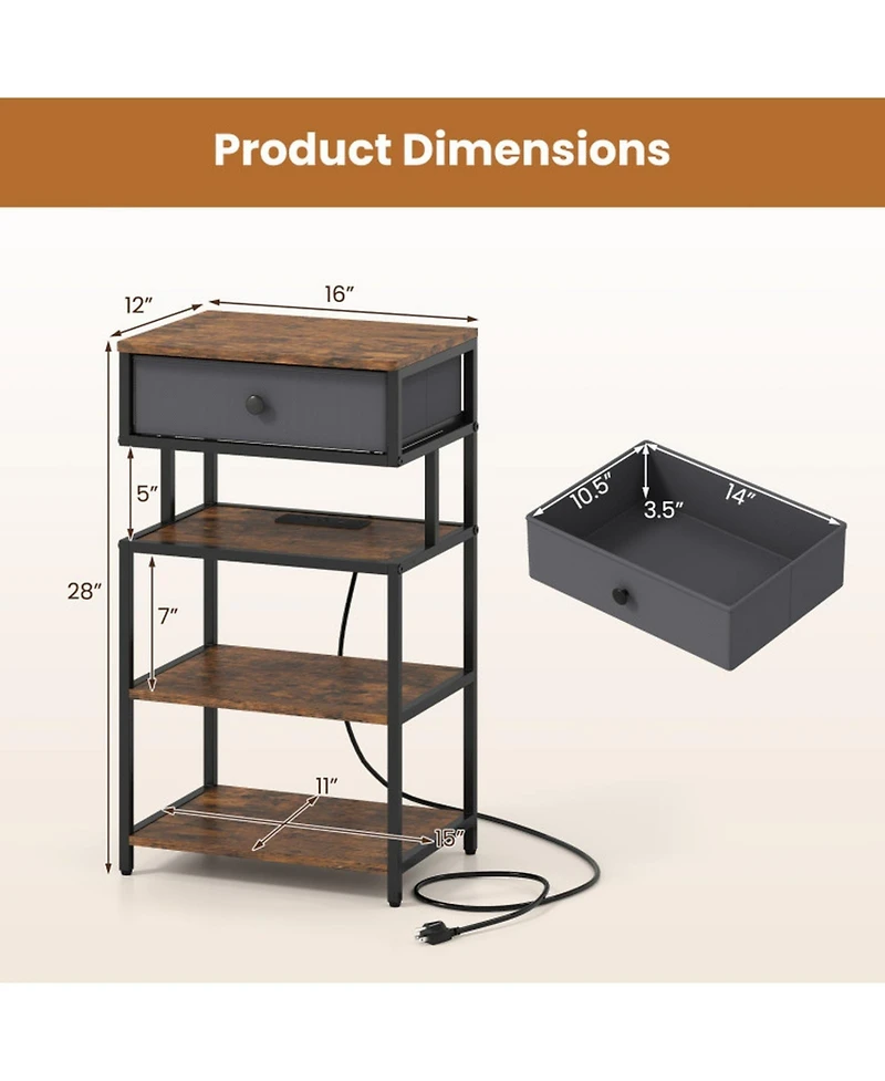Sugift Set of 2 Nightstands with Charging Station 28 in Tall Bedside Table with Fabric Drawer