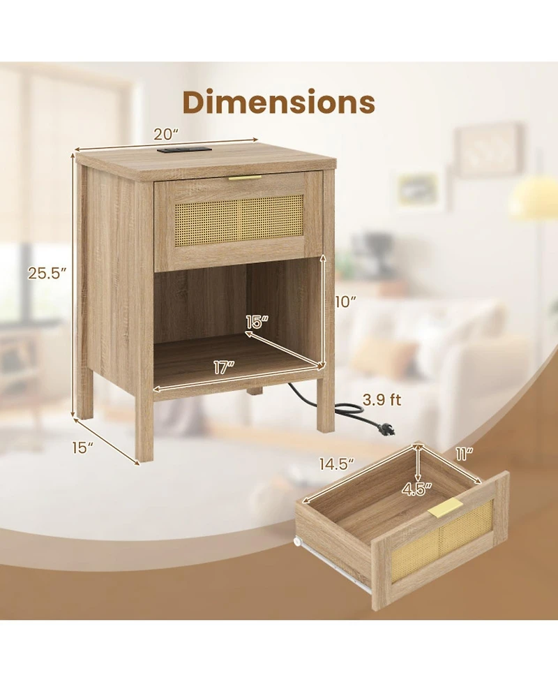 Sugift Rattan Nightstand with Charging Station Drawer and Storage Shelf for Bedroom