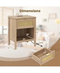 Sugift Rattan Nightstand with Charging Station Drawer and Storage Shelf for Bedroom