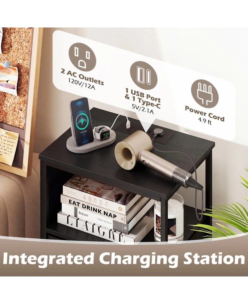 Sugift 34in Modern Nightstand with Charging Station 4 Drawer Bedside Table