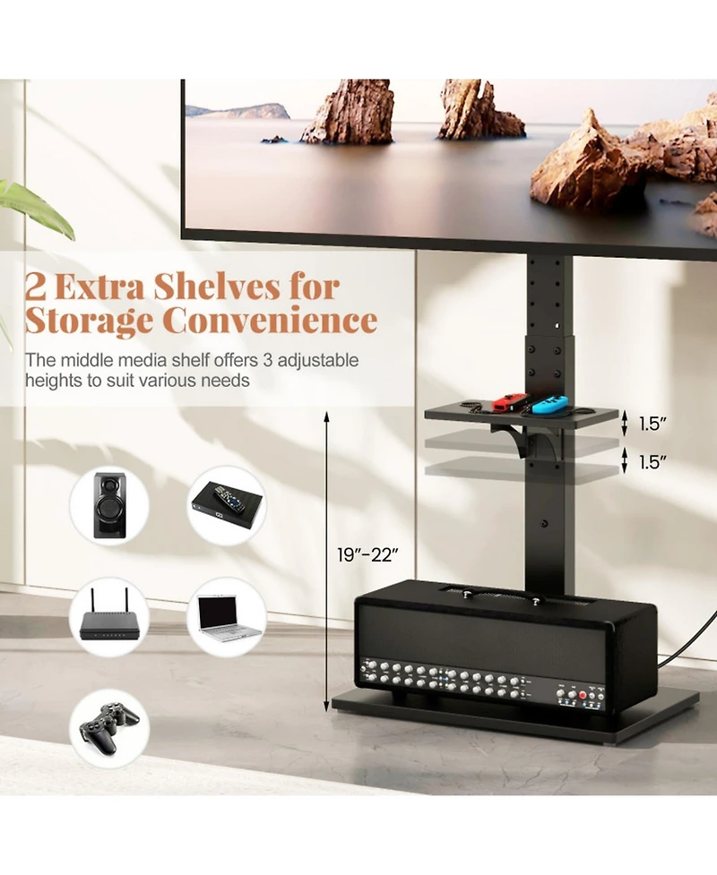 Sugift Tilt and Height Adjustable Tv Stand with Power Outlet and Adjustable Av Shelf 32-70 in