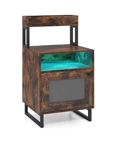 Sugift Led Nightstand with Top Tray Open Compartment and Storage Cabinet