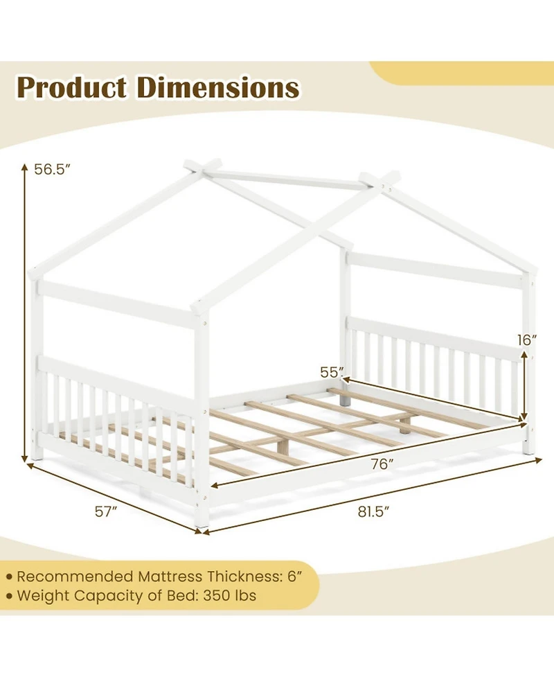 Sugift Full Size House Bed Montessori Floor Bed with Fence Headboard and Footboard