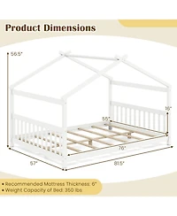 Sugift Full Size House Bed Montessori Floor Bed with Fence Headboard and Footboard