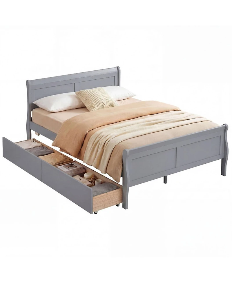 Sugift Full Size Sleigh Platform Bed with 2 Storage Drawers and Curved Footboard
