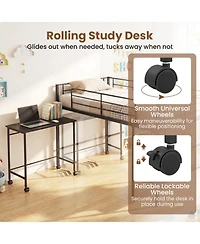 Sugift Twin Size Metal Loft Bed with Rolling Desk and Bookshelf Ladder