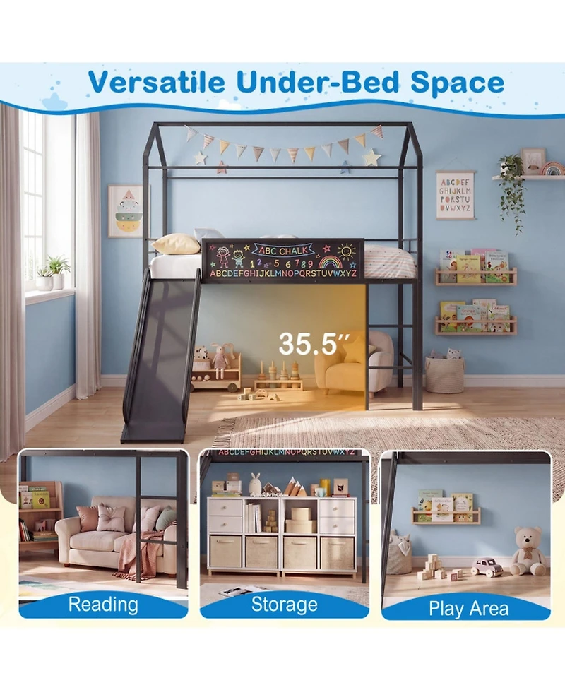 Sugift Twin Size Kids Metal Loft Bed with Slide Ladder and Chalkboard