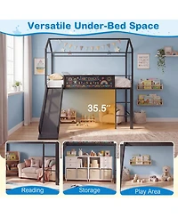 Sugift Twin Size Kids Metal Loft Bed with Slide Ladder and Chalkboard