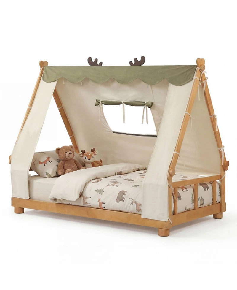 Sugift Twin Size House Floor Wood Bed with Removable Canopy Tent