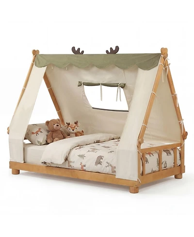 Sugift Twin Size House Floor Wood Bed with Removable Canopy Tent